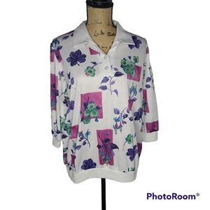 Vintage White Floral Collared Pullover with Purple and Pink Accents